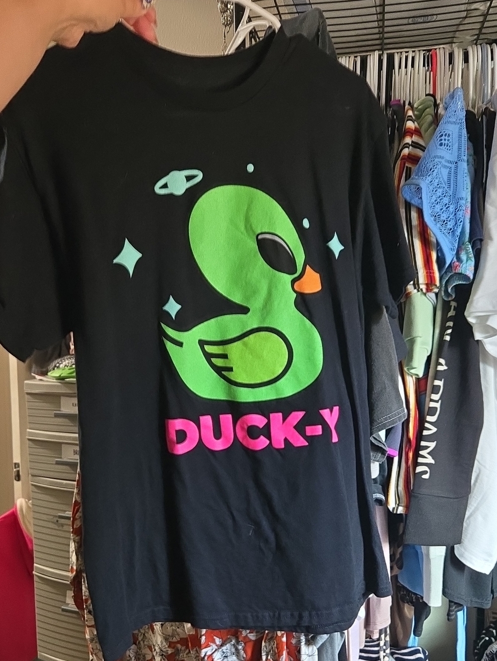 Spencer's Black Tee with Neon Green Alien Duck and Pink Logo